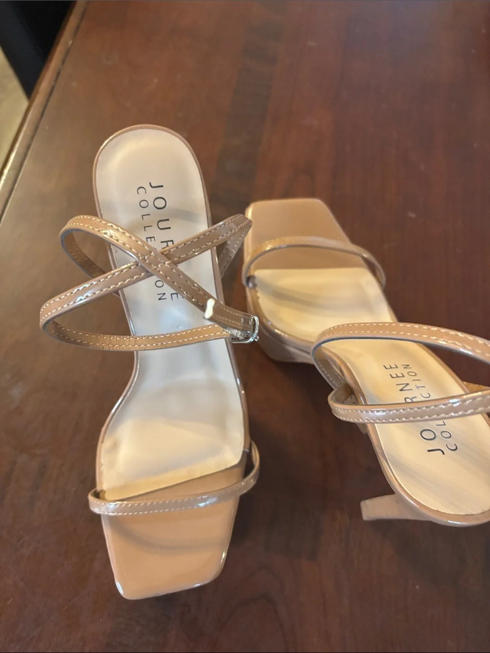 Journee Collection Nude Patent Strappy Square Toe Block Heels